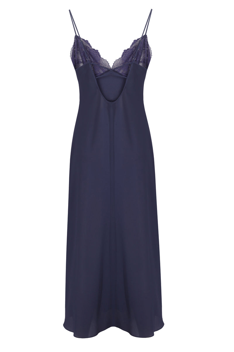 ROXIE LONG STRAPPED SILKY CREPE NAVY NIGHTGOWN - CULT MIA