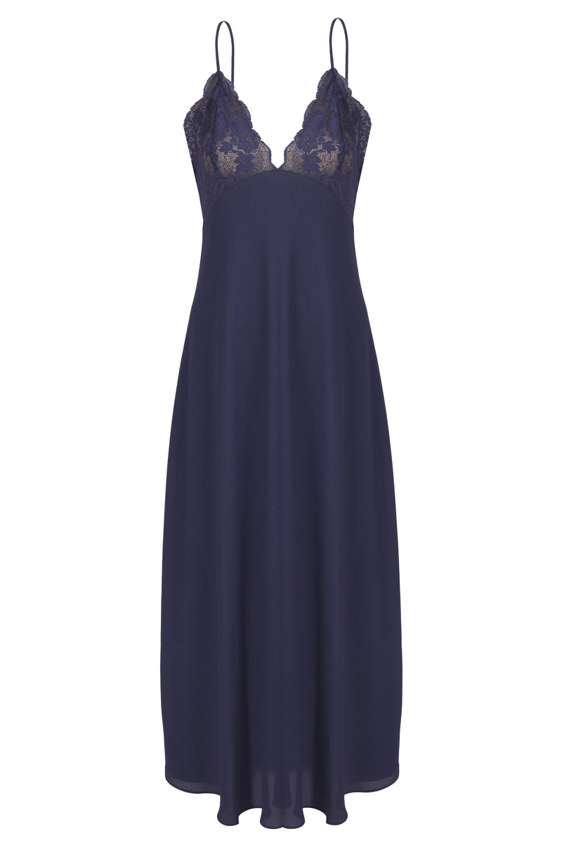 ROXIE LONG STRAPPED SILKY CREPE NAVY NIGHTGOWN - CULT MIA