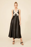Black silk satin trimmed nightgown by Bocan Couture featuring a sleek, elegant design and delicate satin details.