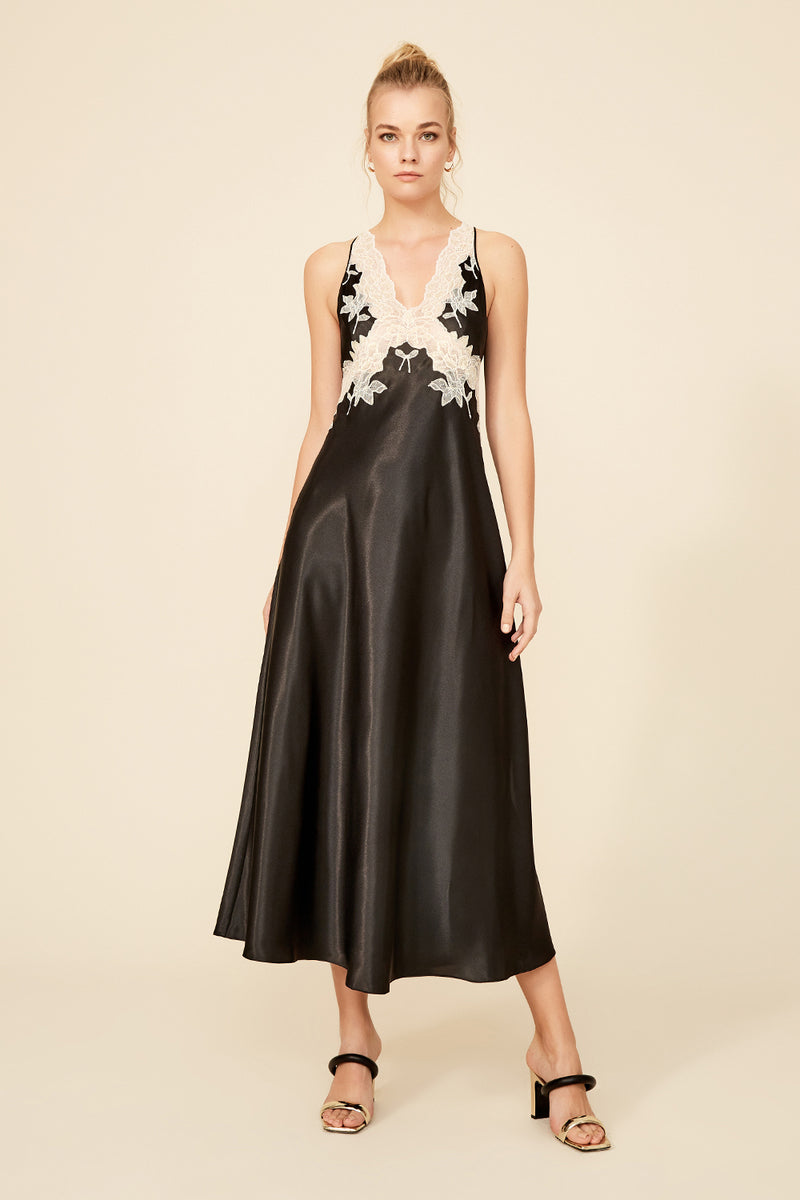 Black silk satin trimmed nightgown by Bocan Couture featuring a sleek, elegant design and delicate satin details.