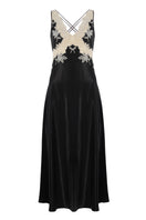 Black silk satin-trimmed nightgown by Bocan Couture, featuring elegant long design and smooth fabric detail.