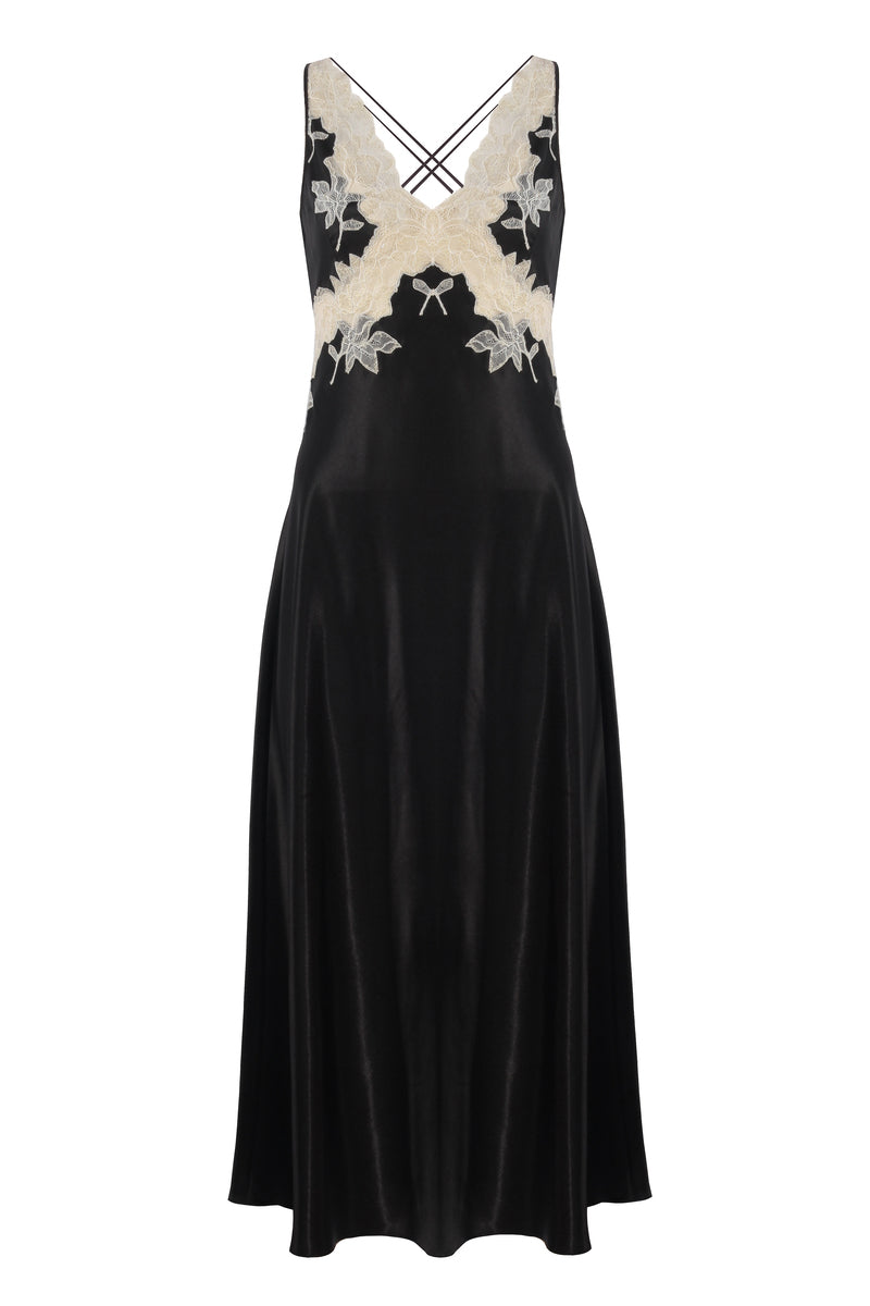 Black silk satin-trimmed nightgown by Bocan Couture, featuring elegant long design and smooth fabric detail.