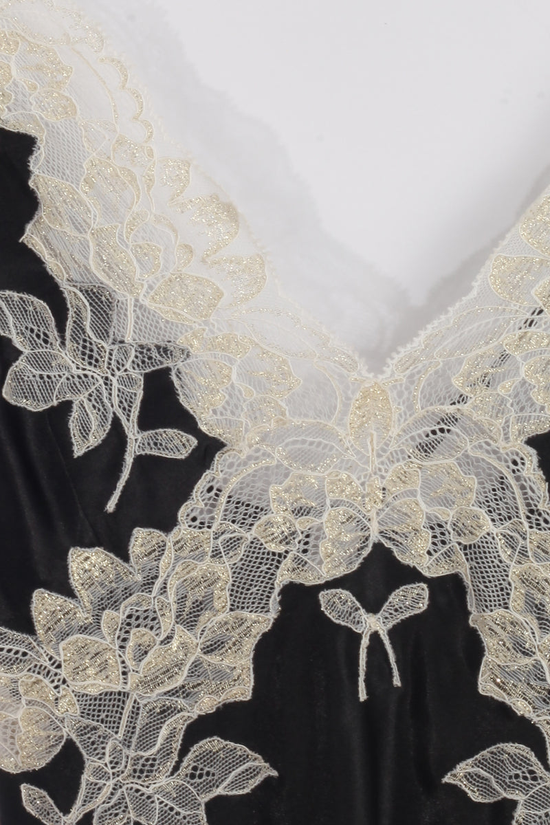 Black silk satin nightgown with long sleeves and satin trim by Bocan Couture, featuring a luxurious, elegant design.