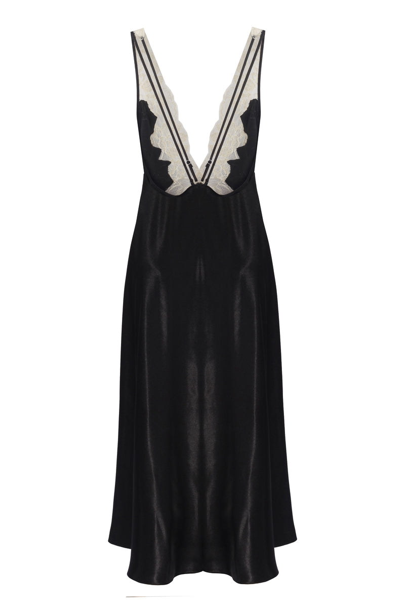 Black silk satin trimmed nightgown by Bocan Couture featuring a flowing design and elegant details.
