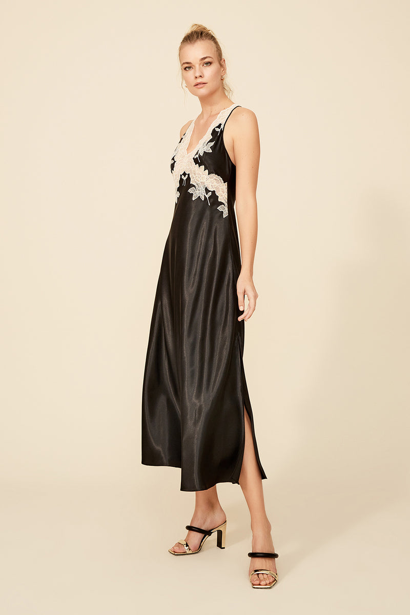 Black silk nightgown with satin trim from Bocan Couture, featuring a flowing design and elegant detailing.