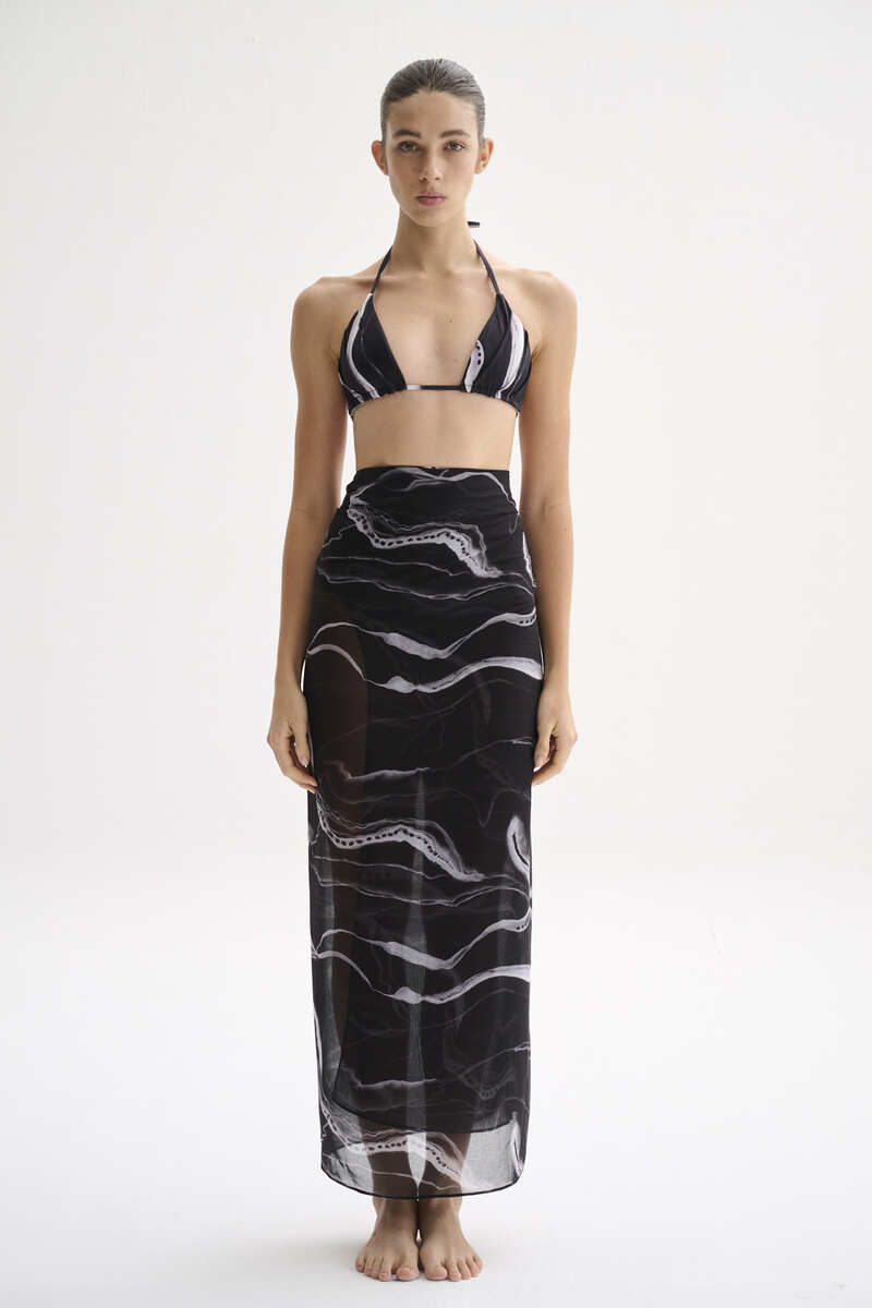 Nelblu black printed pareo skirt, a stylish cover-up with floral pattern, lightweight fabric, perfect for beach or poolside wear.