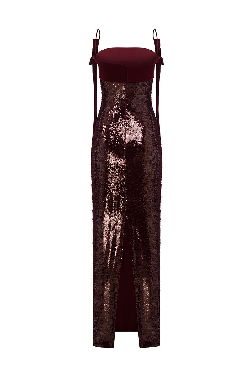 Back view of MOON HAKAN YILDIRIM NERGID burgundy and wine maxi dress with flowing fabric and elegant design.