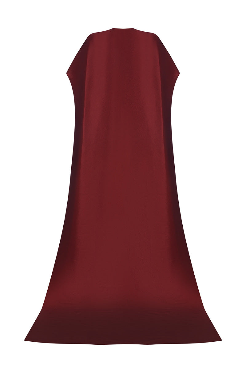 Wine-colored Lily Cape jacket by MOON / HAKAN YILDIRIM, shown from the back with flowing fabric and stylish design.