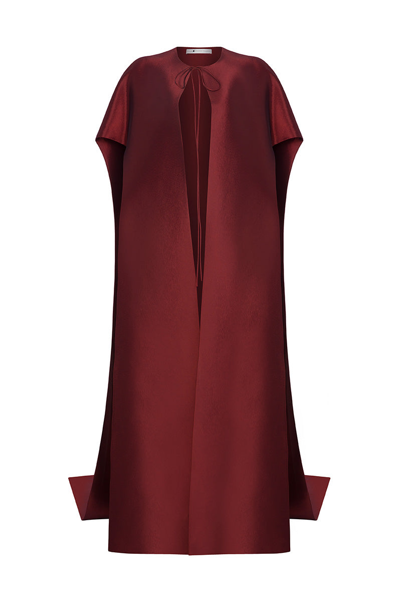 Moon Hakaan Yildirim Lily Cape in wine, stylish jacket with flowing fabric and elegant design, front view.