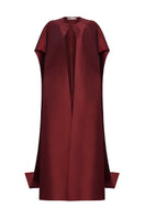 Moon Hakaan Yildirim Lily Cape in wine, stylish jacket with flowing fabric and elegant design, front view showcasing its rich color and details.