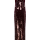 Elegant burgundy and wine NERGID gown by MOON / HAKAAN YILDIRIM, front view showcasing its flowing fabric and stylish design.
