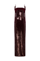 Elegant burgundy and wine NERGID gown by MOON / HAKAAN YILDIRIM, front view showcasing its flowing fabric and stylish design.