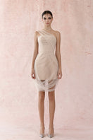 Neutral pleated tulle mini dress by HACCHIC COUTURE displayed on a hanger with soft fabric folds and delicate pleats.