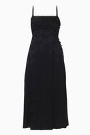 Rebecca Taylor Neveah jacquard cami midi dress in black, featuring a fitted silhouette and intricate jacquard pattern.