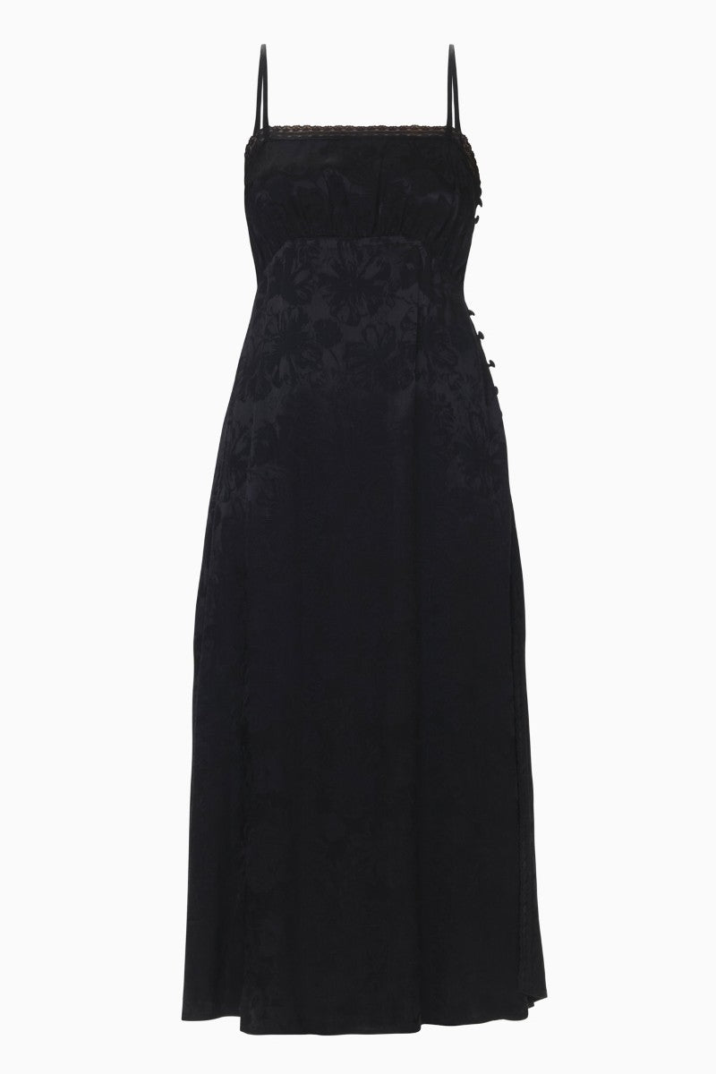 Rebecca Taylor Neveah jacquard cami midi dress in black, featuring a fitted silhouette and intricate jacquard pattern.