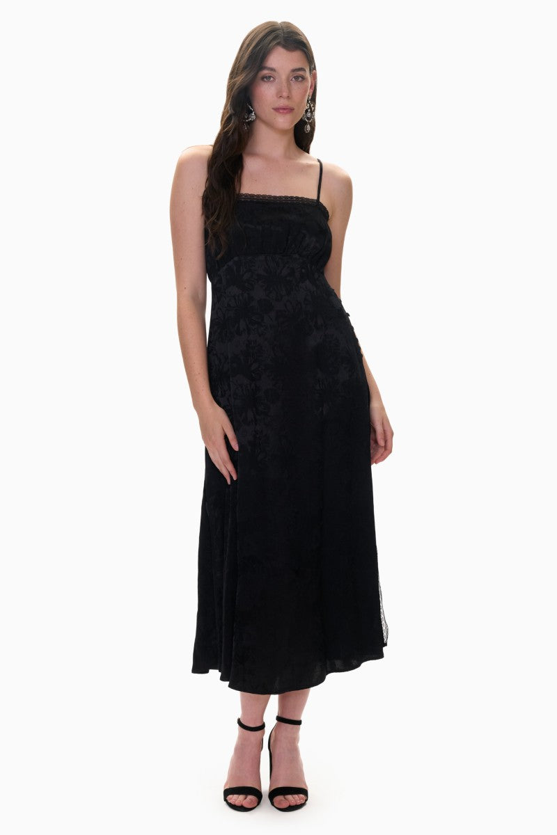 Rebecca Taylor Neveah jacquard cami midi dress in black, showcasing the elegant black dress with a fitted silhouette and intricate jacquard pattern.