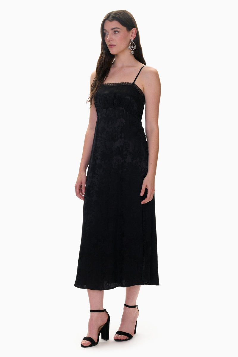 Rebecca Taylor Neveah Jacquard Cami Dress in black, midi length with intricate jacquard pattern, sleeveless design, and elegant fit.