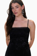 Black Rebecca Taylor Neveah Jacquard Cami Midi Dress hanging on a mannequin with intricate jacquard details.