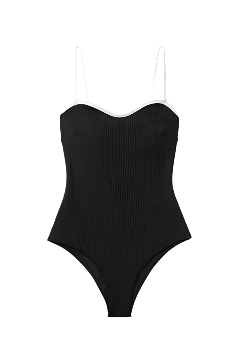 Black ribbed swimsuit by Seaquelle featuring a sleek design and fitted silhouette, perfect for beach and poolside wear.