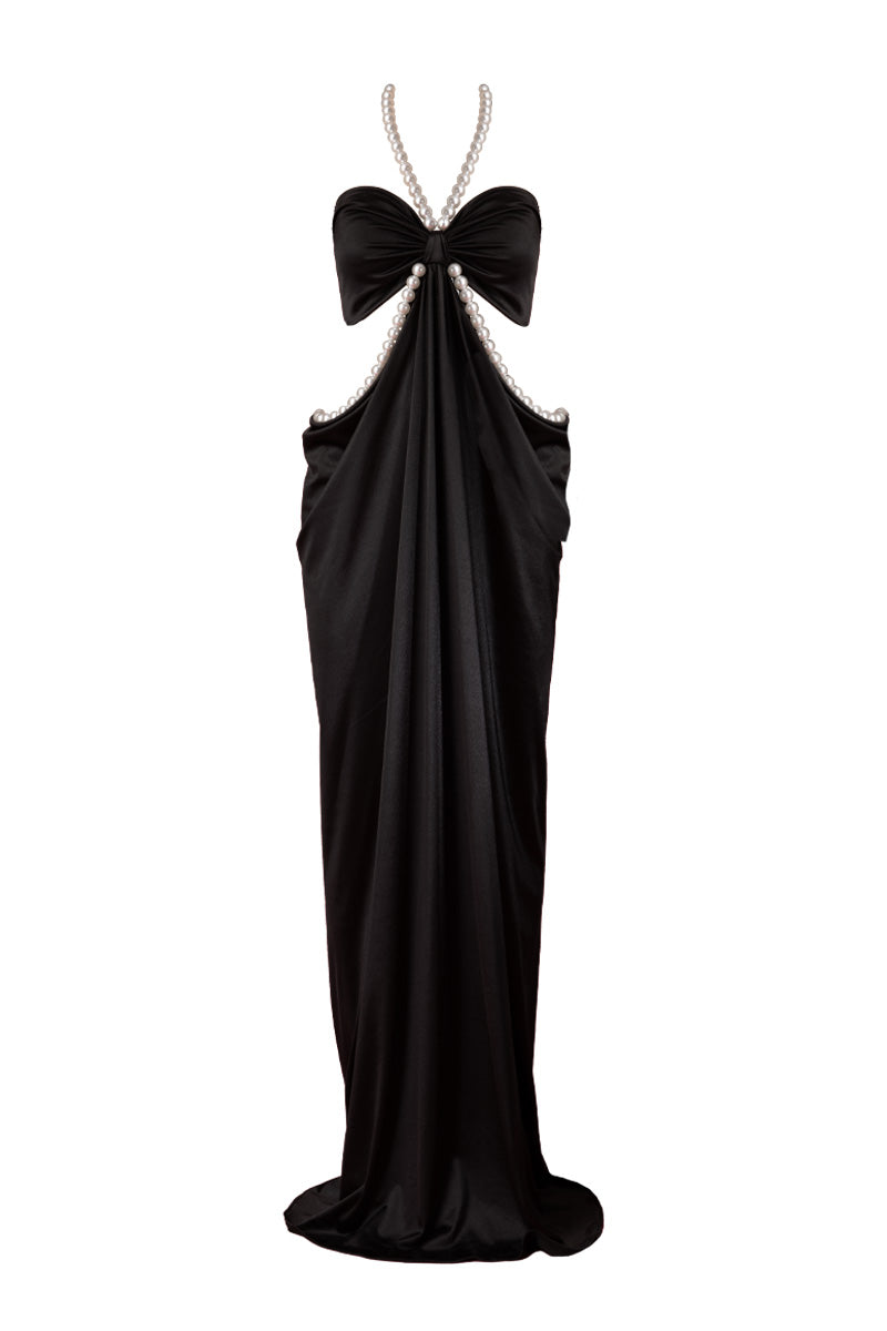 Nur Karaata Alice Pearl maxi dress featuring elegant pearl accents and flowing fabric, perfect for sophisticated occasions.