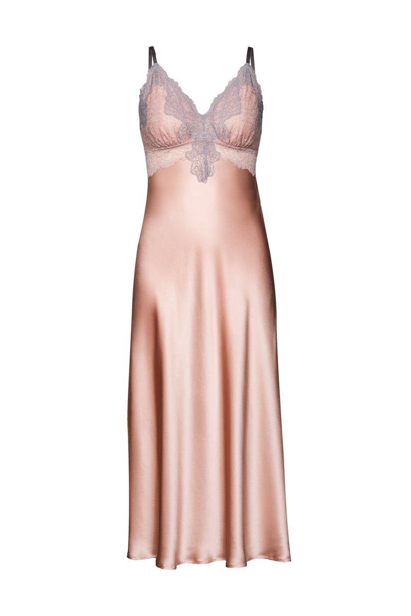 MIREILLE BUST-SUPPORT LONG SILK GOWN IN ROSE GOLD - CULT MIA