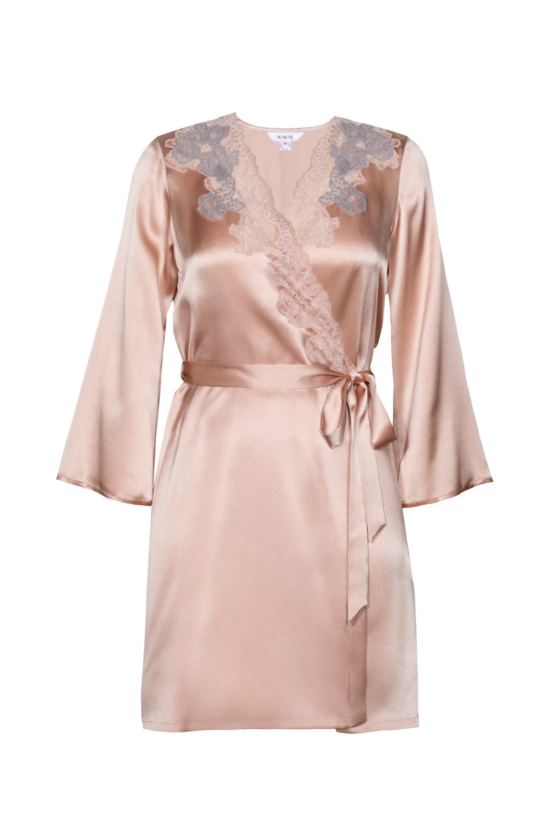 MIREILLE SHORT SILK ROBE IN ROSE GOLD - CULT MIA