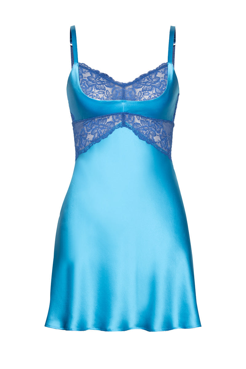 NK Imode Morgan Cradle Bust silk chemise in cerulean, a luxurious nightgown with delicate straps and smooth silk fabric.