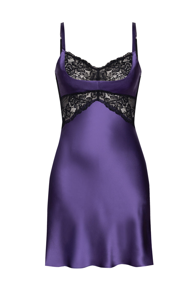 NK Imode Morgan Cradle Bust silk chemise in frosted violet, elegant nightgown with delicate support and luxurious fabric.