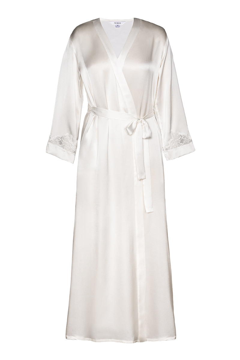NK Imode Morgan long silk robe draped on a hanger, showcasing smooth fabric and elegant design for women.