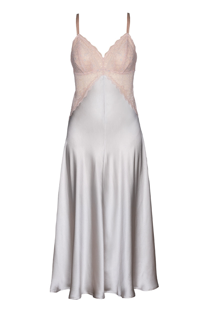 PRECIOUS SUNSET LONG SILK GOWN IN PEARL GRAY - CULT MIA