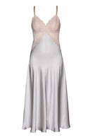 NK Imode Precious Sunset long silk nightgown in pearl gray, flowing and elegant with delicate fabric and subtle sheen.