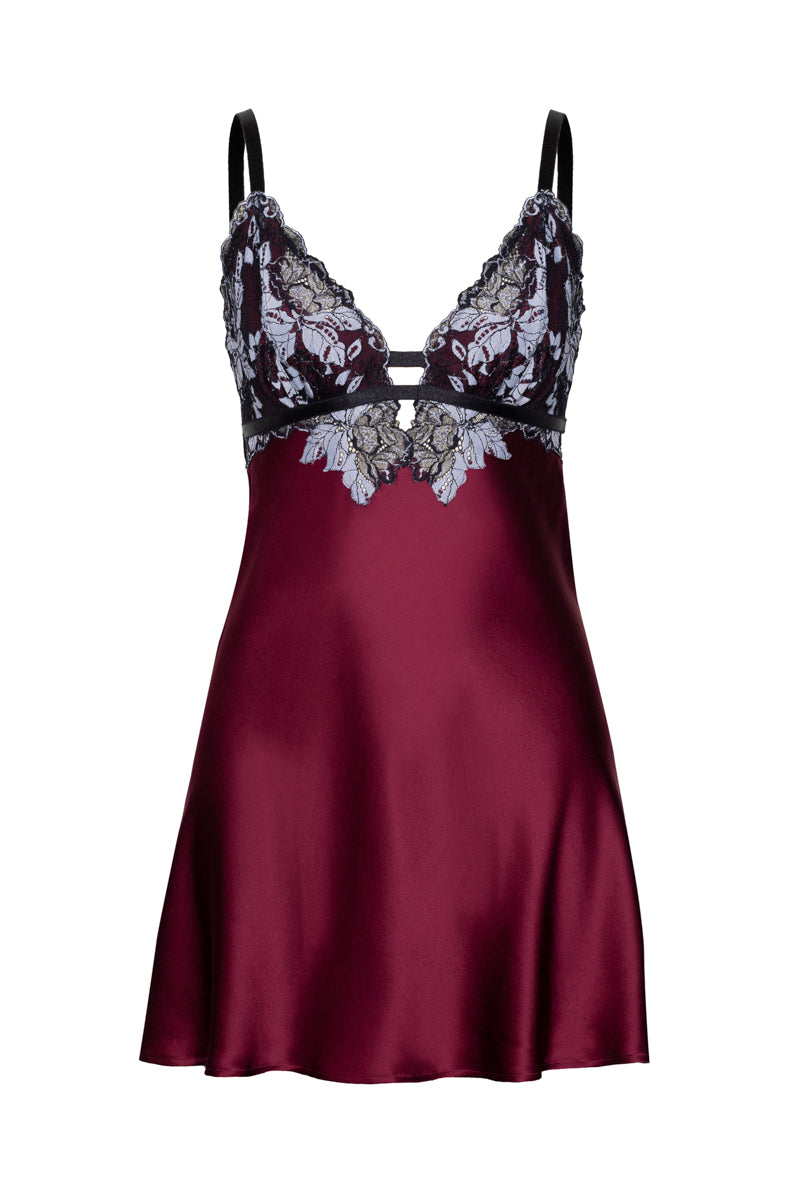 Roxy bust-support silk chemise in Bordeaux by NK Imode, featuring smooth silk fabric and delicate straps for elegant nightwear.