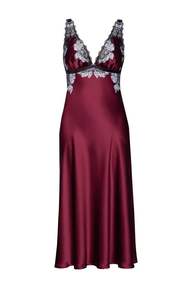 NK Imode Roxy bust-support long silk nightgown in Bordeaux, featuring elegant design and flowing fabric.
