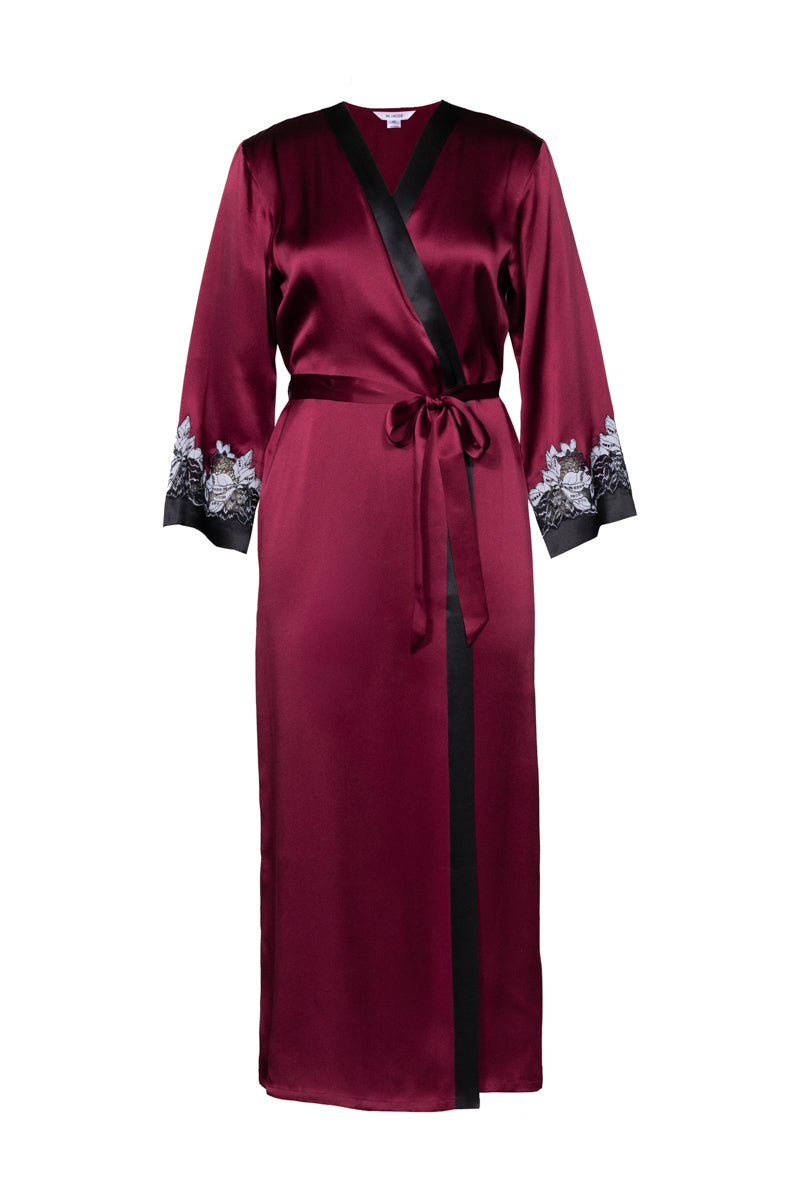 NK Imode Roxy long silk robe in Bordeaux color, featuring a luxurious, flowing design and elegant details.