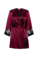 NK Imode Roxy short silk robe in Bordeaux, featuring a luxurious lightweight fabric and elegant design, displayed on a hanger.