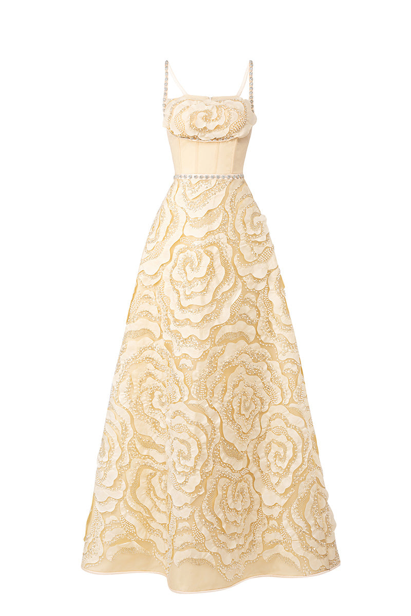CULT MIA X HAPPY CLOTHING FLOWER WAVE A LINE MAXI DRESS IN BEIGE - CULT MIA