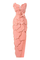 Pink velvet strapless gown with V-neck and petal straps by HAPPY CLOTHING, designed by CULT MIA X HAPPY CLOTHING.