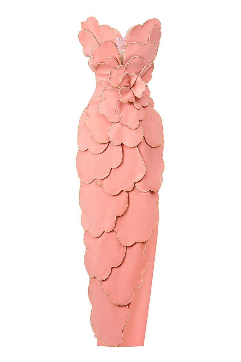 Pink velvet strapless gown with V-neck and petal straps by HAPPY CLOTHING, designed by CULT MIA X HAPPY CLOTHING.