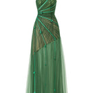 Green CULT MIA X HAPPY CLOTHING Makena A-line organza gown with flowy silhouette and elegant design, shown in the image.