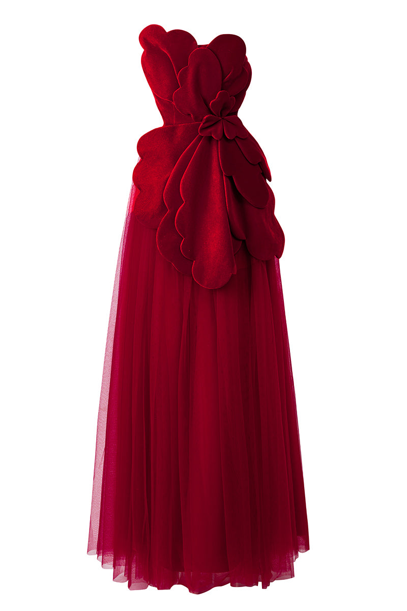 CULT MIA X HAPPY CLOTHING FLORAL VELVET AND ORGANZA MAXI DRESS IN RED - CULT MIA