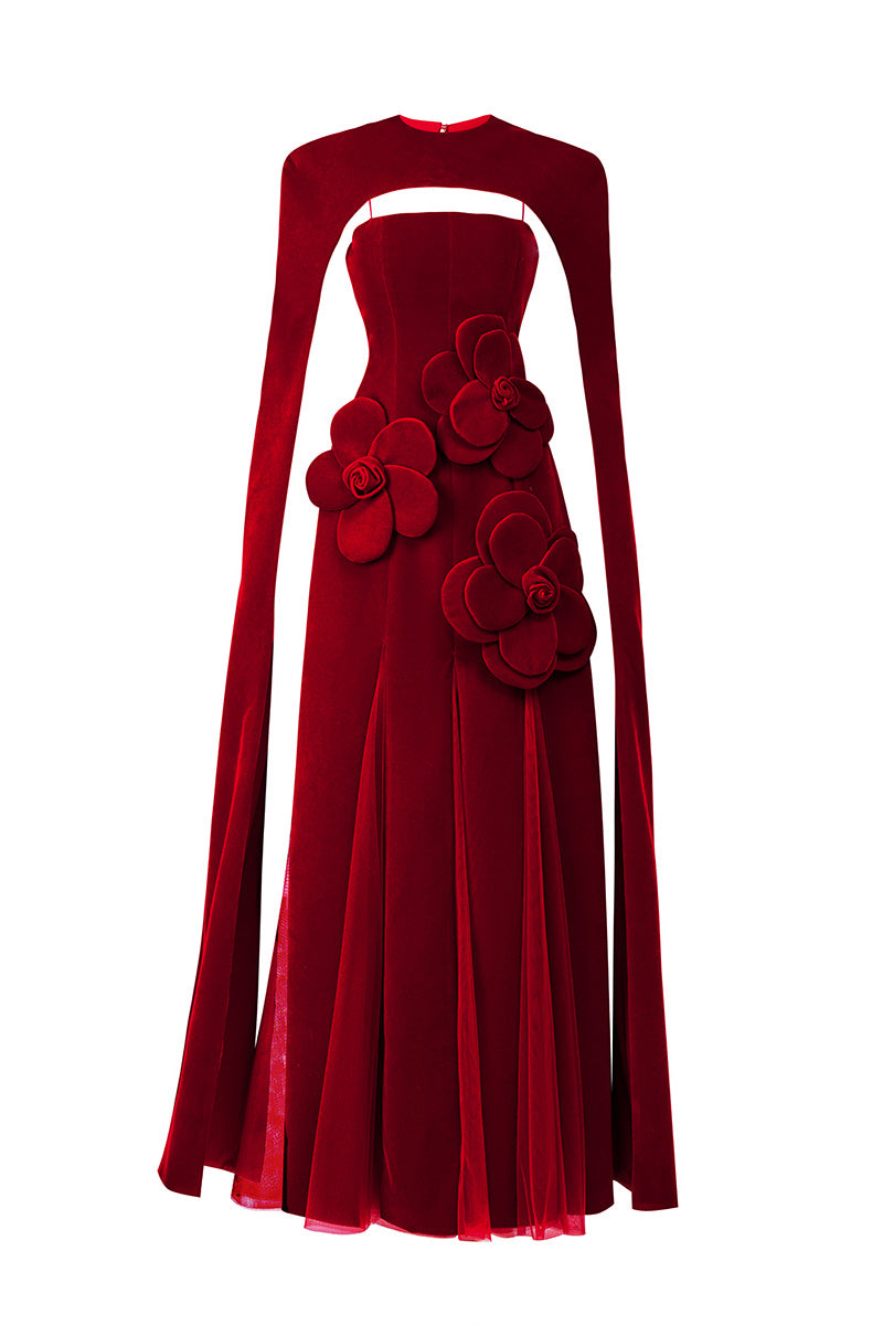 CULT MIA X HAPPY CLOTHING PRESTON CAPE VELVET PETAL MAXI DRESS IN RED - CULT MIA
