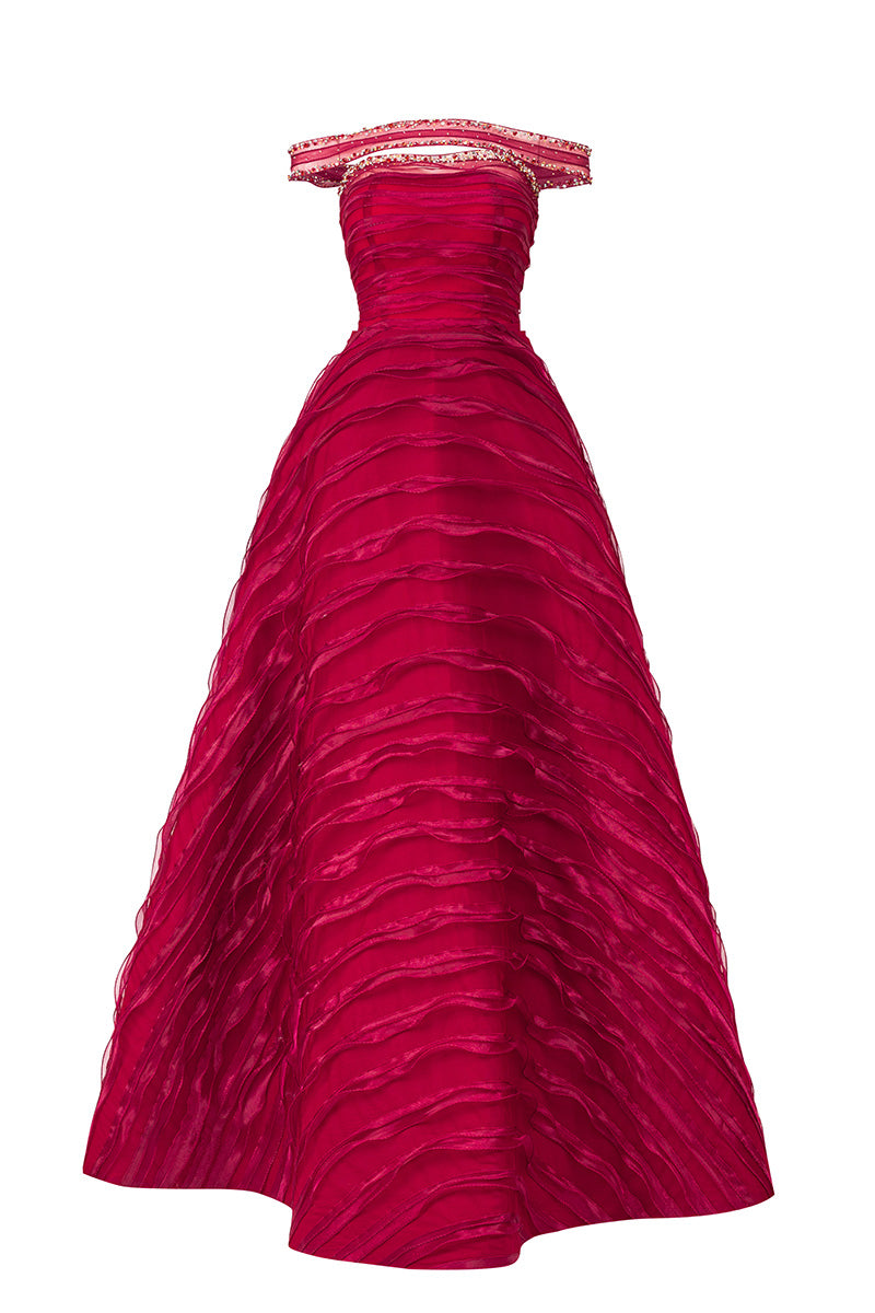 CULT MIA X HAPPY CLOTHING OFF-SHOULDER ORGANZA MAXI DRESS IN RED - CULT MIA