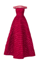 Red off-shoulder organza gown by Happy Clothing, part of the CULT MIA X collection, featuring elegant flowing fabric and stylish design.