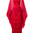 Red CULT MIA X HAPPY CLOTHING Sienna Taffeta Maxi Dress, elegant sleeveless sheath gown with a fitted silhouette.
