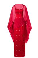 Red CULT MIA X HAPPY CLOTHING Sienna Taffeta Maxi Dress, elegant sleeveless sheath gown with a fitted silhouette.