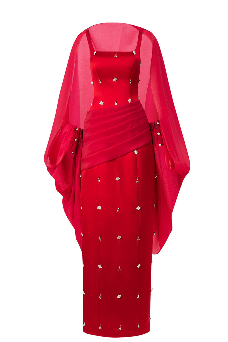 Red CULT MIA X HAPPY CLOTHING Sienna Taffeta Maxi Dress, elegant sleeveless sheath gown with a fitted silhouette.