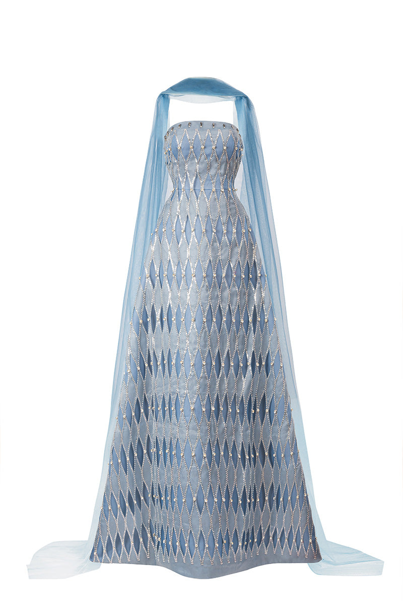 Blue strapless stone gown with scarf from HAPPY CLOTHING, featuring a stylish, elegant design for special occasions.