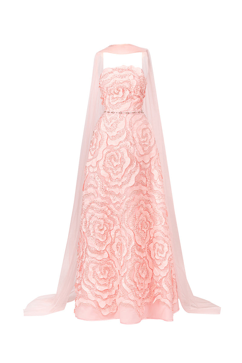 CULT MIA X HAPPY CLOTHING FLOWER WAVE A LINE MAXI DRESS WITH SCARF IN PINK - CULT MIA
