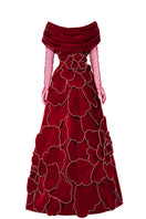 Red off-shoulder velvet gown by Happy Clothing from the CULT MIA X collection, featuring elegant and luxurious design.