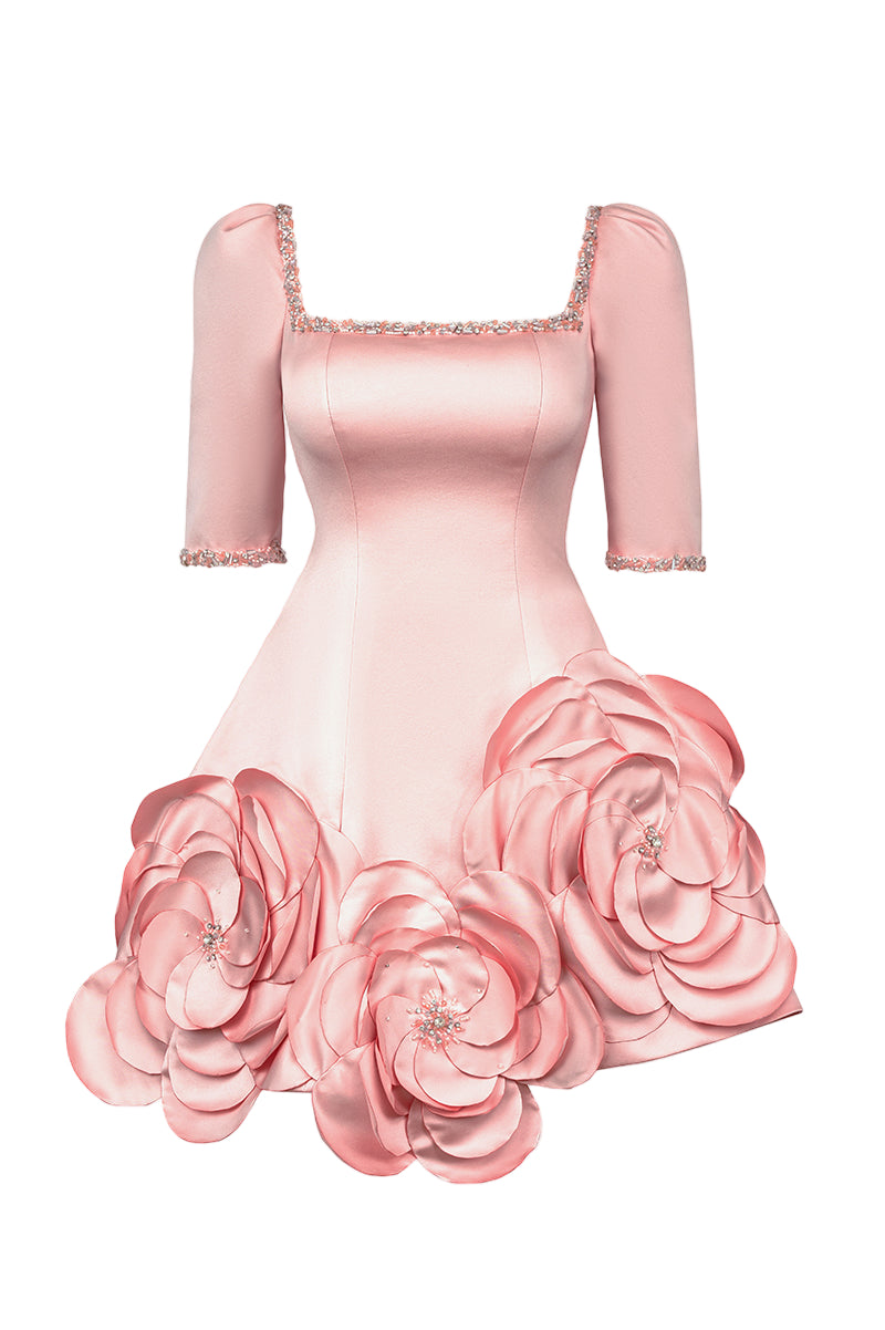 3D FLORAL SQUARE NECKLINE SILK TAFFETA MINI DRESS